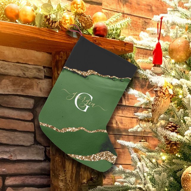 Gold Glitter and Green Agate Monogram Small Christmas Stocking (Creator Uploaded)