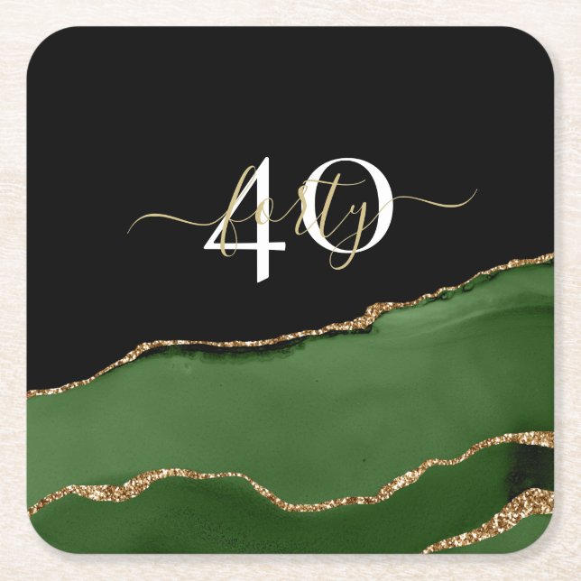 Gold Glitter and Green Agate Monogram Square Paper Coaster (Front)