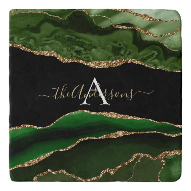 Gold Glitter and Green Agate Monogram Trivet (Front)
