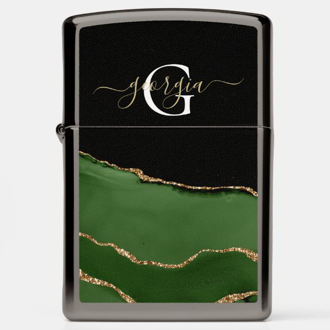 Gold Glitter and Green Agate Monogram Zippo Lighter (Front)