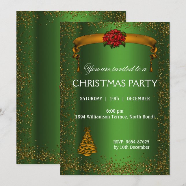 Gold Glitter and Green Christmas Invitation (Front/Back)