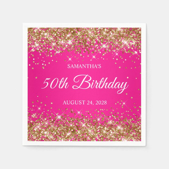 Gold Glitter and Hot Pink 50th Birthday Napkins (Front)