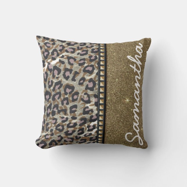 Gold Glitter and Leopard Monogram Throw Pillow (Front)