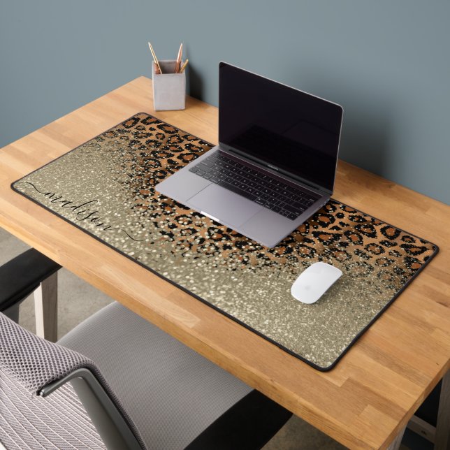 Gold Glitter and Leopard Pattern - Personalize Desk Mat (Office 2)