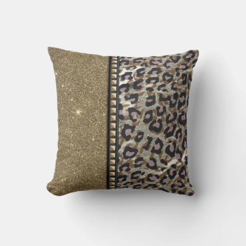 Gold Glitter and Leopard Print with Gold Studs Throw Pillow