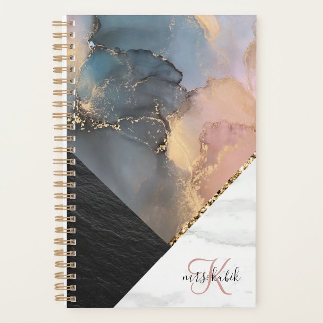 Gold Glitter and Marble Monogram Teacher Planner (Front)