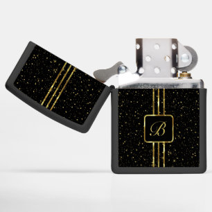 Gold glitter and metallic gold stripes monogram zippo lighter