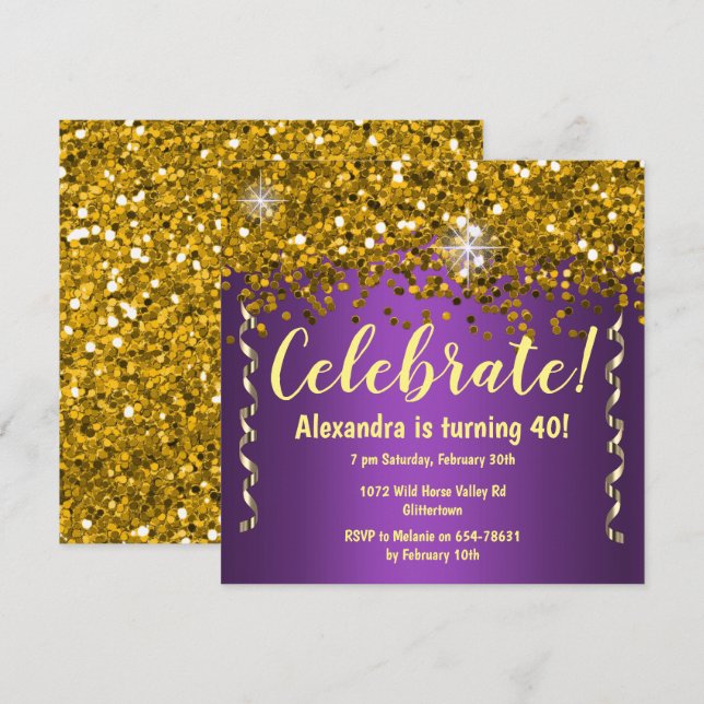 Gold Glitter and Metallic Purple 40th Birthday   Invitation (Front/Back)