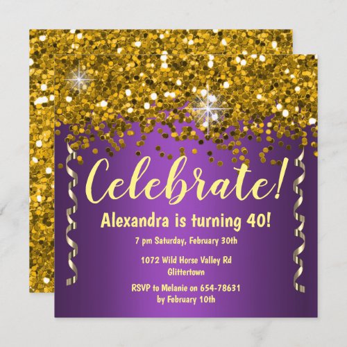 Gold Glitter and Metallic Purple 40th Birthday  
