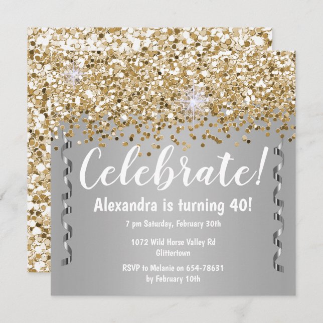 Gold Glitter and Metallic Silver 40th Birthday Invitation (Front/Back)