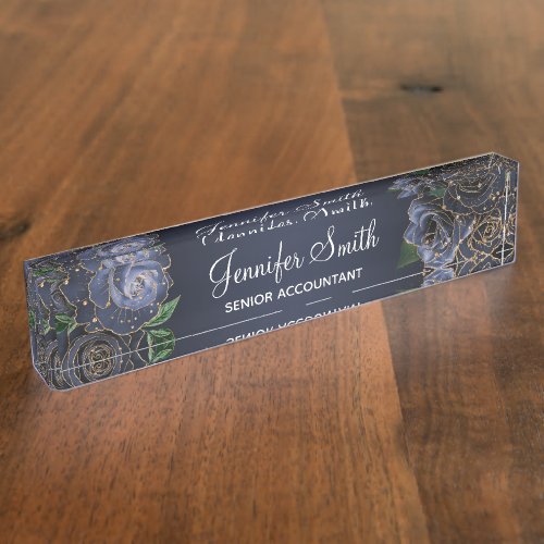 Gold Glitter and Navy Blue Glam Roses Desk Name Plate