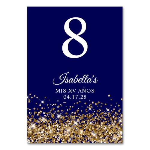Gold Glitter and Navy Blue Mis XV Anos Table Number