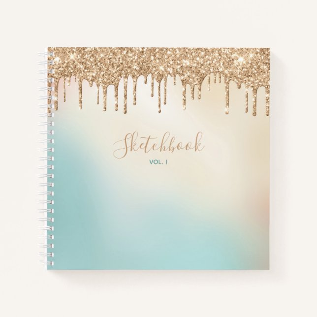Gold Glitter And Pastel Blue Sketchbook Notebook (Front)