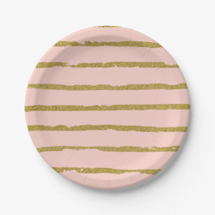 Gold Glitter and Pink Modern Lines Pattern Paper Plates
