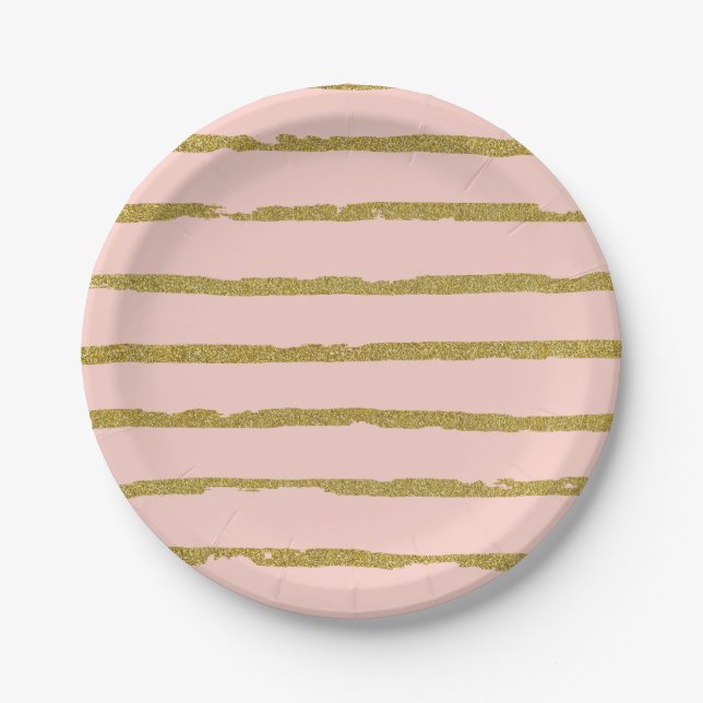 Gold Glitter and Pink Modern Lines Pattern Paper Plates (Front)