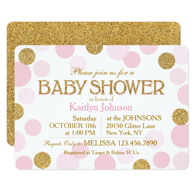 Gold Glitter And Pink Scattered Dots Baby Shower Invitation