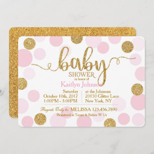 Gold Glitter and Pink Scattered Dots Baby Shower Invitation