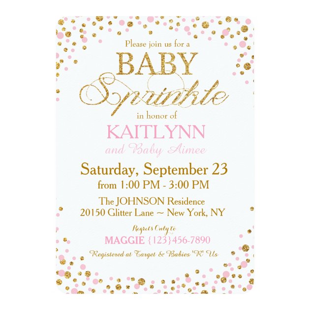 Gold Glitter And Pink Sprinkle Baby Shower Invitation