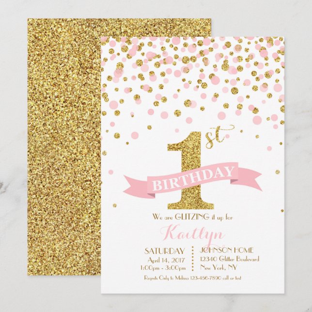 Gold Glitter and Pink Sprinkles Modern Birthday Invitation (Front/Back)