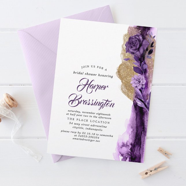 Gold Glitter and Plum Purple Floral Bridal Shower Invitation (Creator Uploaded)