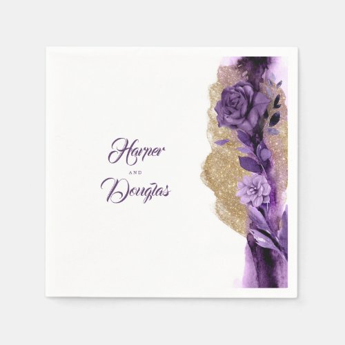 Gold Glitter and Plum Purple Floral Wedding Napkins