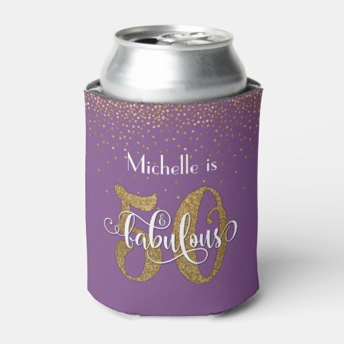 Gold Glitter and Purple 50  Fabulous Birthday Can Cooler