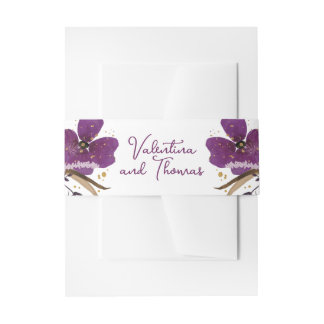 Gold Glitter and Purple Flowers Wedding Invitation Belly Band