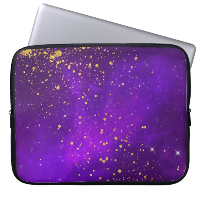Gold Glitter and Purple Galaxy Laptop Sleeve (Front)