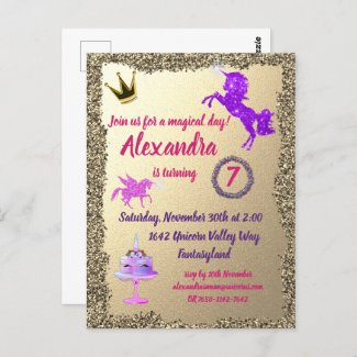 Gold Glitter and Purple Unicorn Birthday Invitatio