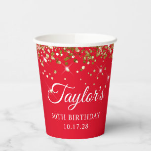 Gold Glitter and Red 30th Birthday Paper Cups