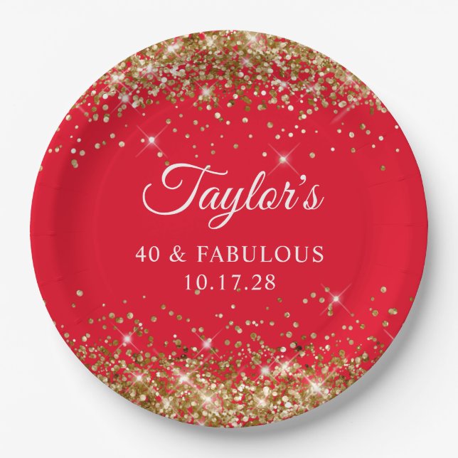 Gold Glitter and Red 40 & Fabulous Paper Plates (Front)
