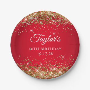 Gold Glitter and Red 40th Birthday Paper Plates