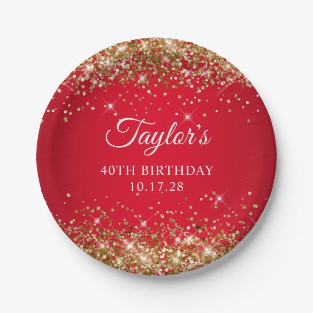 Gold Glitter and Red 40th Birthday Paper Plates (Front)