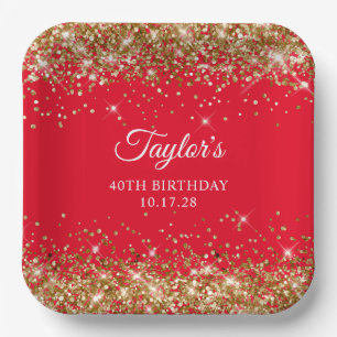 Gold Glitter and Red 40th Birthday Paper Plates
