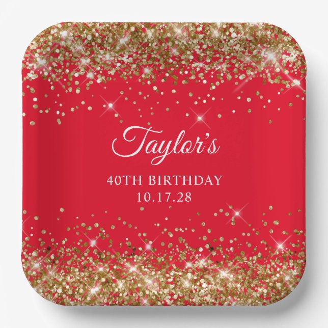 Gold Glitter and Red 40th Birthday Paper Plates (Front)