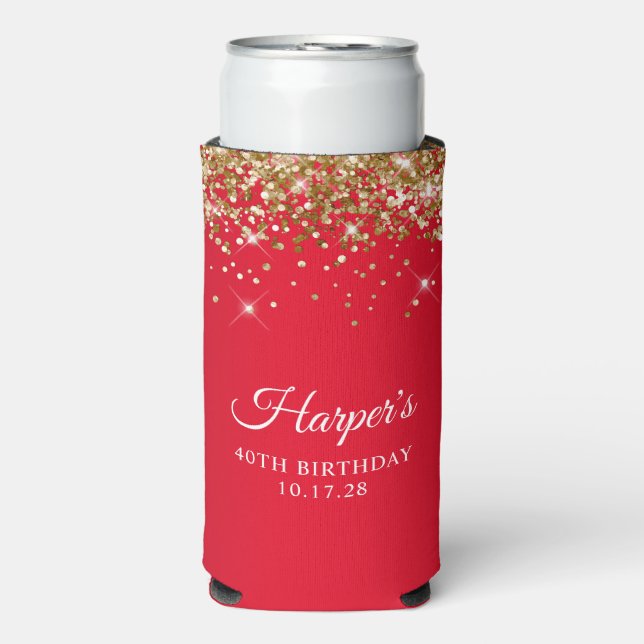 Gold Glitter and Red 40th Birthday Seltzer Can Cooler (Seltzer Front)