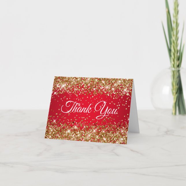 Gold Glitter and Red 40th Birthday Thank You Card (Front)