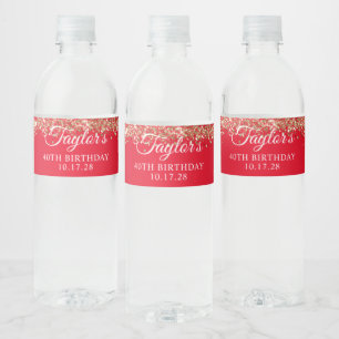 Gold Glitter and Red 40th Birthday Water Bottle Label