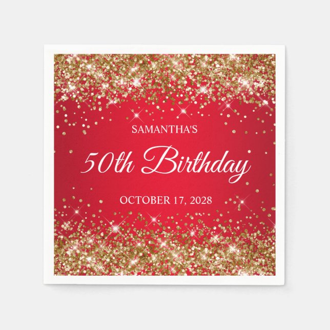 Gold Glitter and Red 50th Birthday Napkins (Front)
