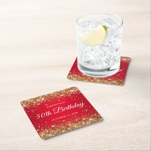 Gold Glitter and Red 50th Birthday Square Paper Coaster