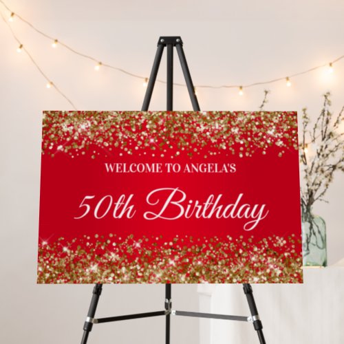 Gold Glitter and Red 50th Birthday Welcome Foam Board