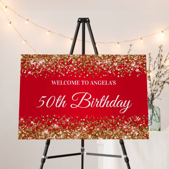 Gold Glitter and Red 50th Birthday Welcome Foam Board (In Situ (Stand))