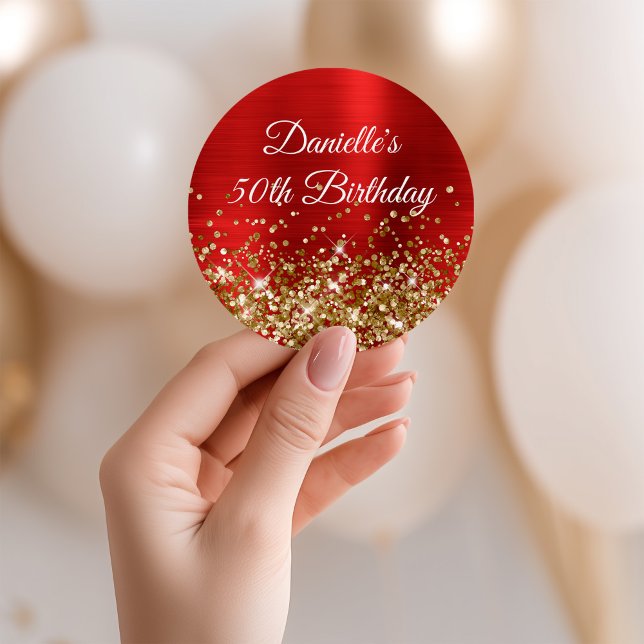 Gold Glitter and Red Foil 50th Birthday Classic Round Sticker (Gold Glitter and Red Foil 50th Birthday Classic Round Sticker)