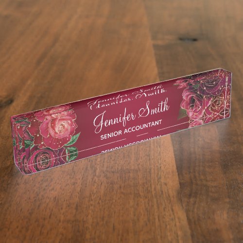 Gold Glitter and Red Glam Roses Desk Name Plate