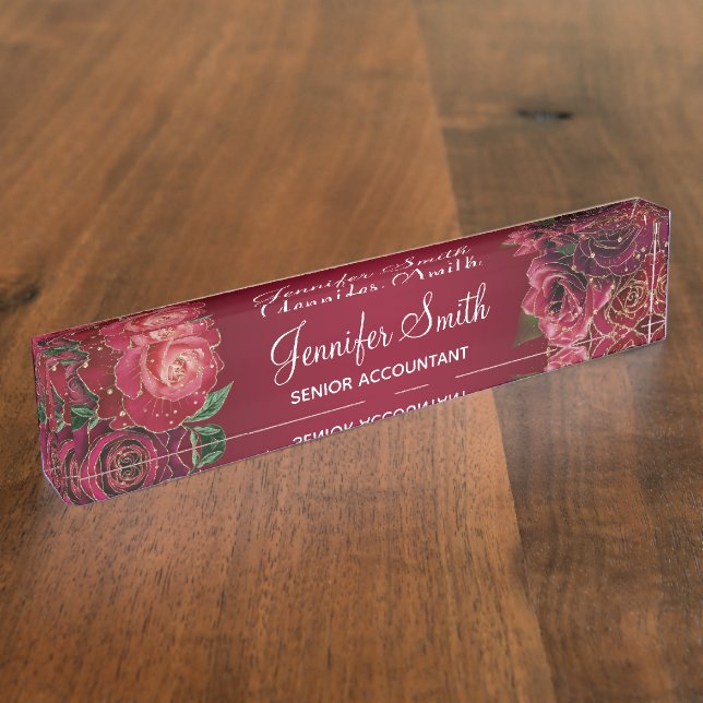 Gold Glitter and Red Glam Roses Desk Name Plate (Side)