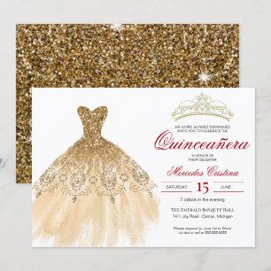 Gold Glitter and Red Simple Elegant Quinceañera Invitation