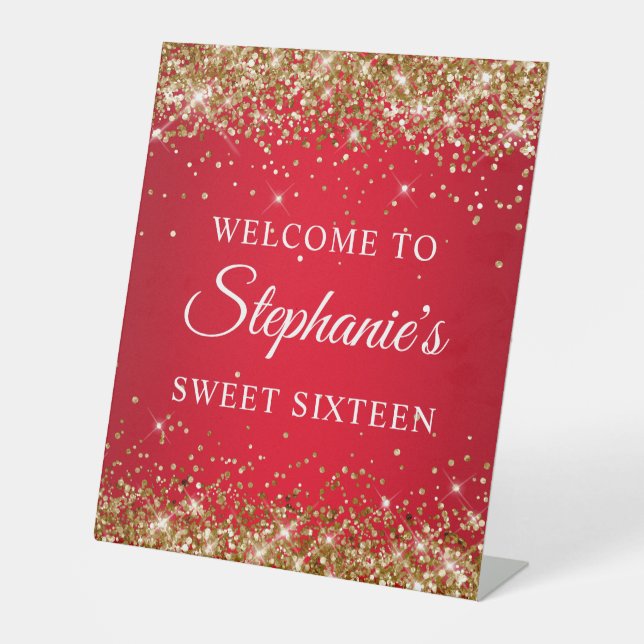 Gold Glitter and Red Sweet Sixteen Welcome Pedestal Sign (Front)
