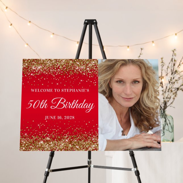 Gold Glitter and Red Welcome 50th Birthday Foam Board (In Situ (Stand))