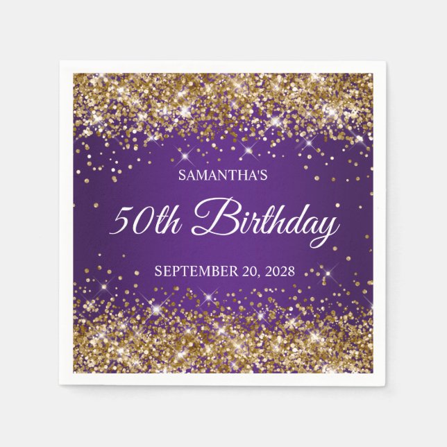 Gold Glitter and Royal Purple 50th Birthday Napkins (Front)