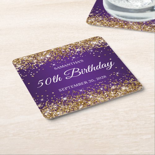 Gold Glitter and Royal Purple 50th Birthday Square Paper Coaster
